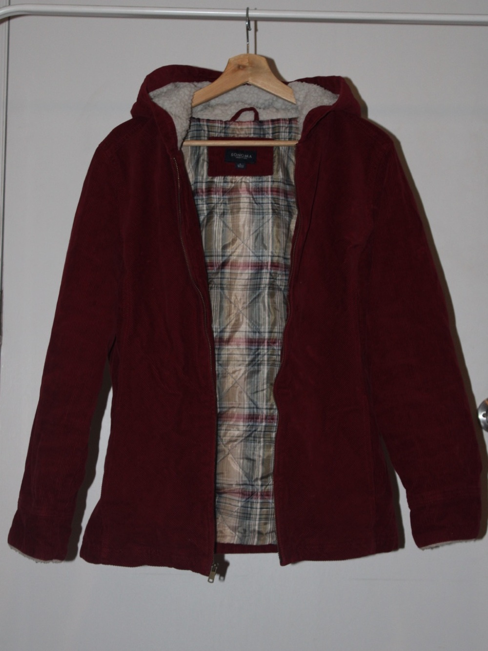 Sonoma Womens Corduroy hooded jacket in velvet red with fur/plaid lining